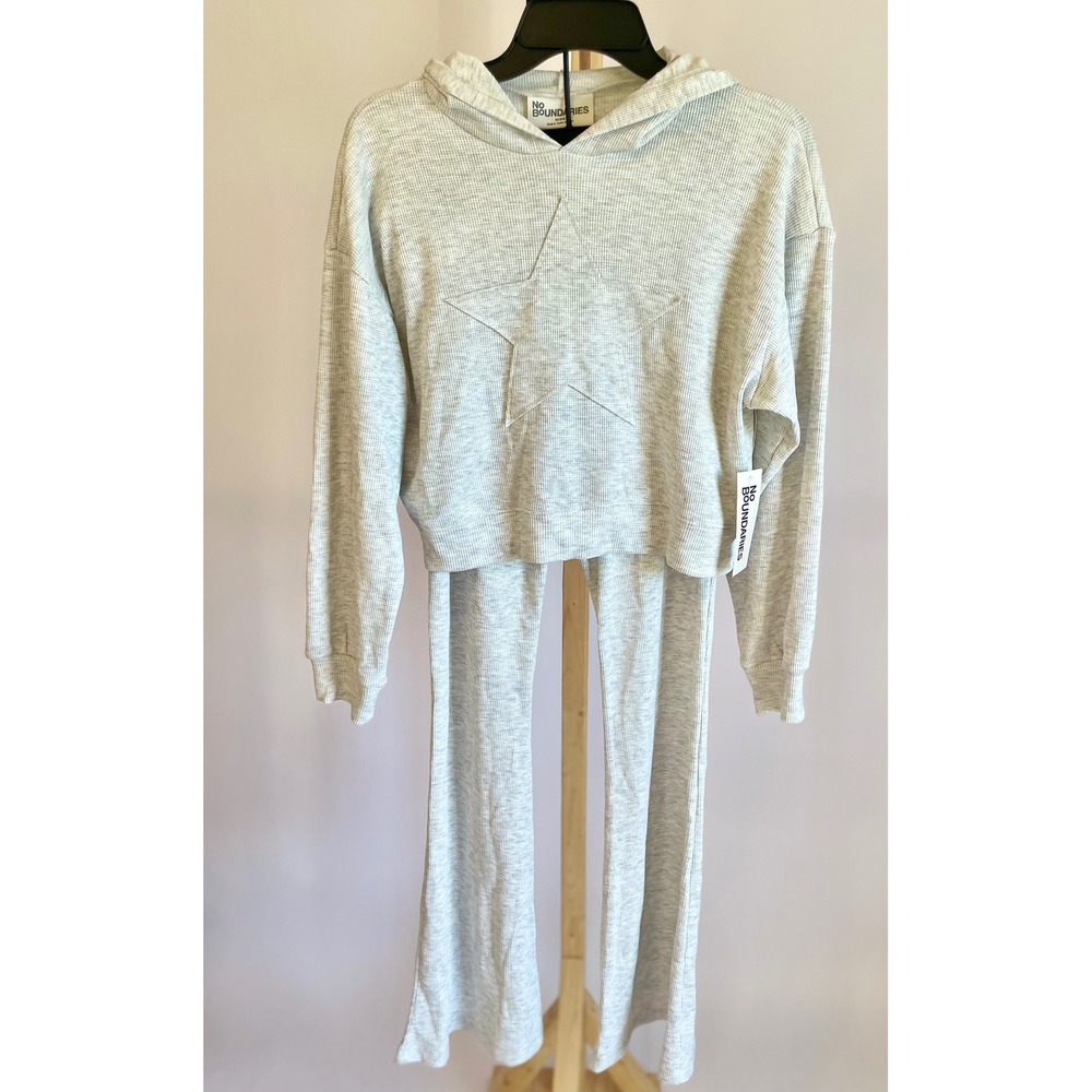 No Boundaries Womens Heather Grey Waffle Knit Star Hoodie and Flare Pant Set XS